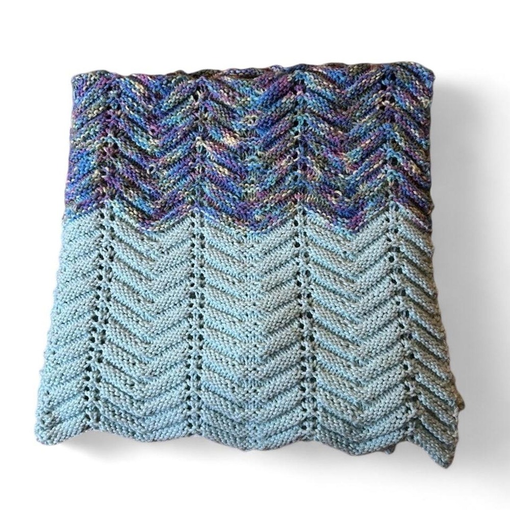 Baby Blanket Hand Knit Seafoam Purple Chevron Lace Mermaidcore 90s Vintage 36x36